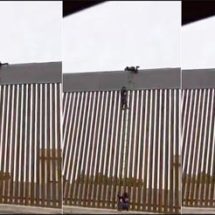¡Migrante se brinca nuevo muro con una escalera!